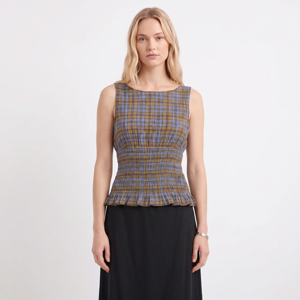 ISADORA Women's Cedar Blue Check Mustang Sleeveless Top