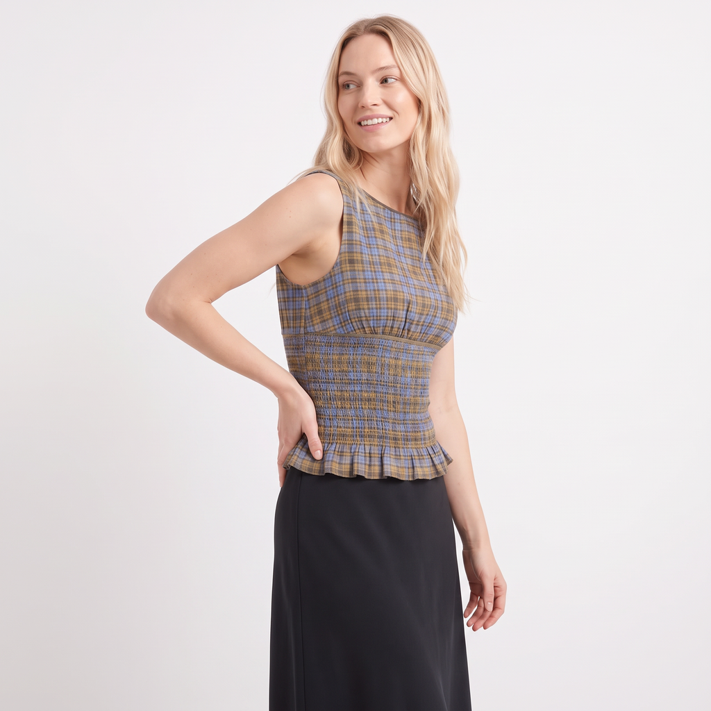ISADORA Women's Cedar Blue Check Mustang Sleeveless Top