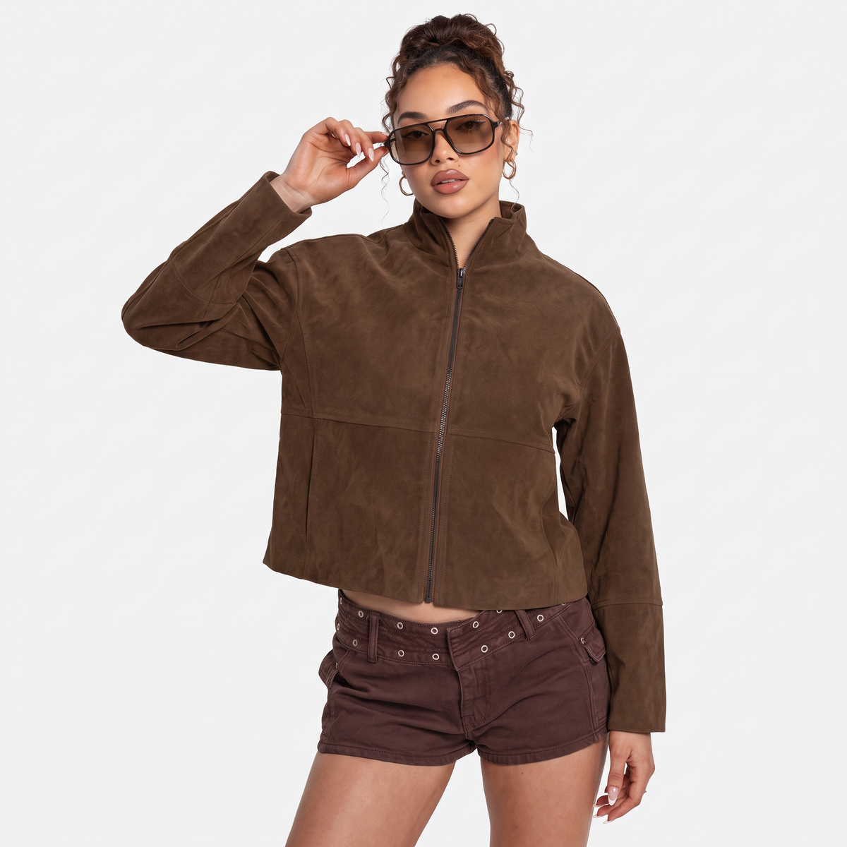 FLORA Women's Brown Jessalynn Faux Suede Zip Jacket