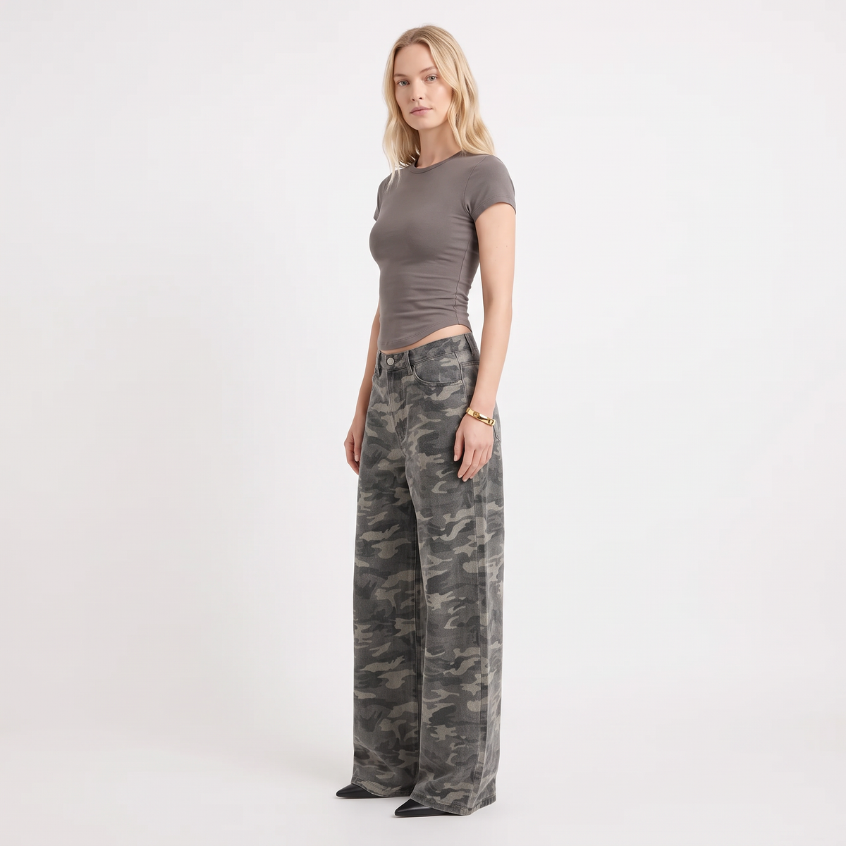 ISADORA Women's Camo Print Naylor Mid Rise Baggy Jeans