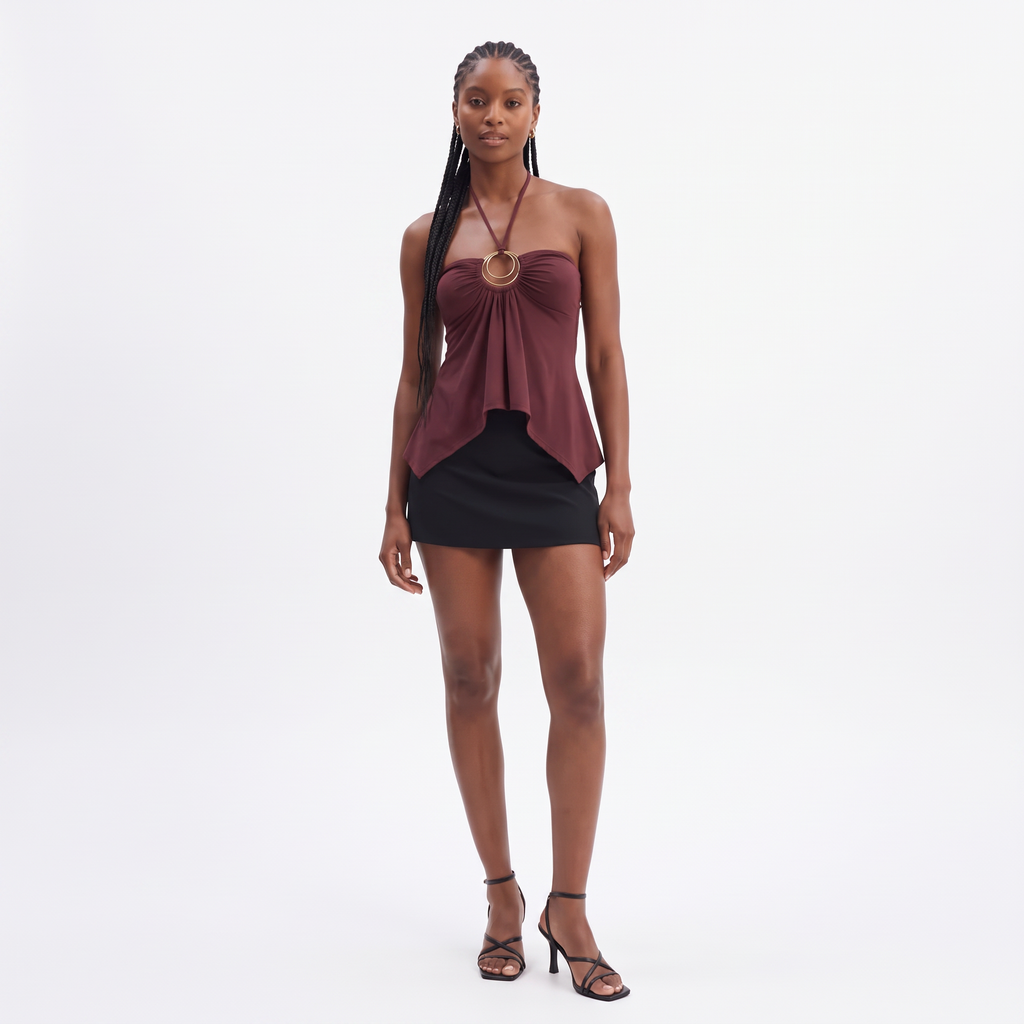 CELESTE Women's Burgundy Betsey Ring Detail Tie Neck Top