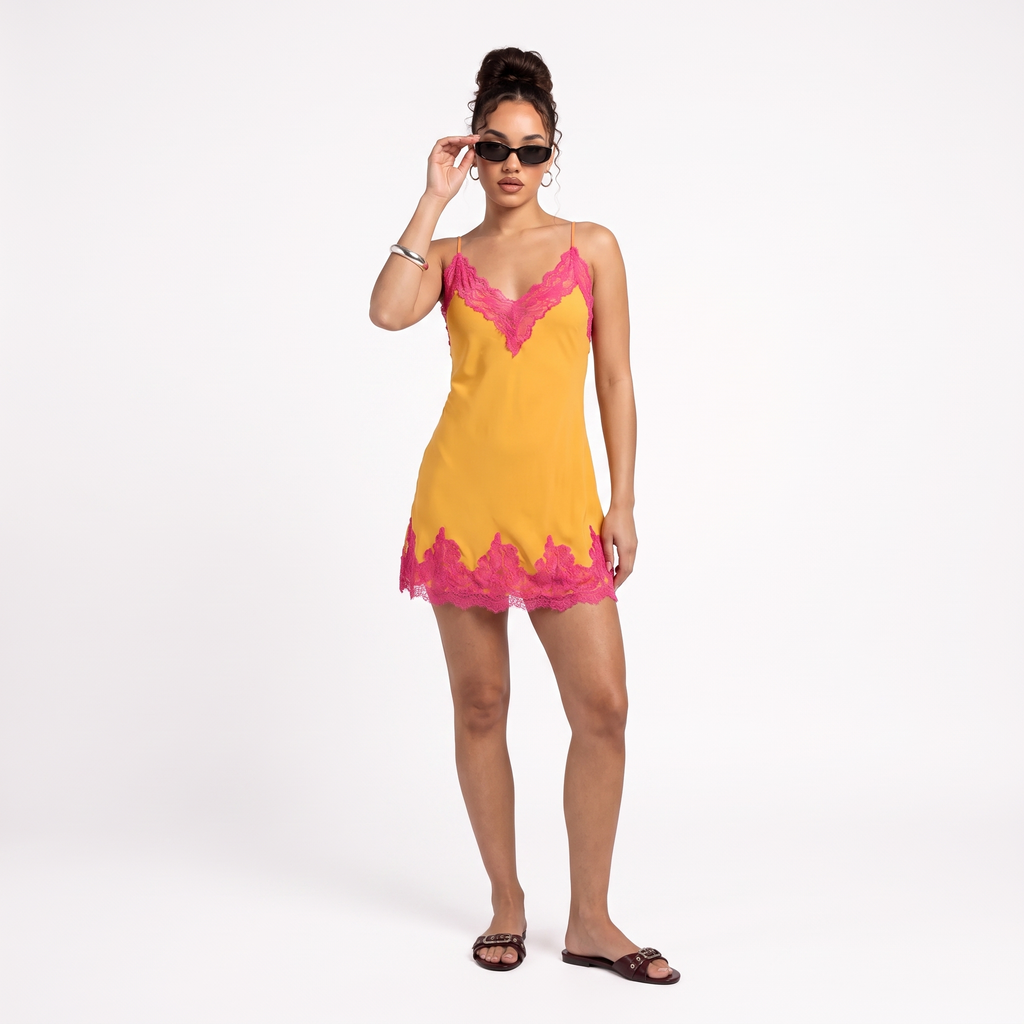 AMÉLIE Women's Gold Fuchsia Call My Lover Lace Slip Mini Dress