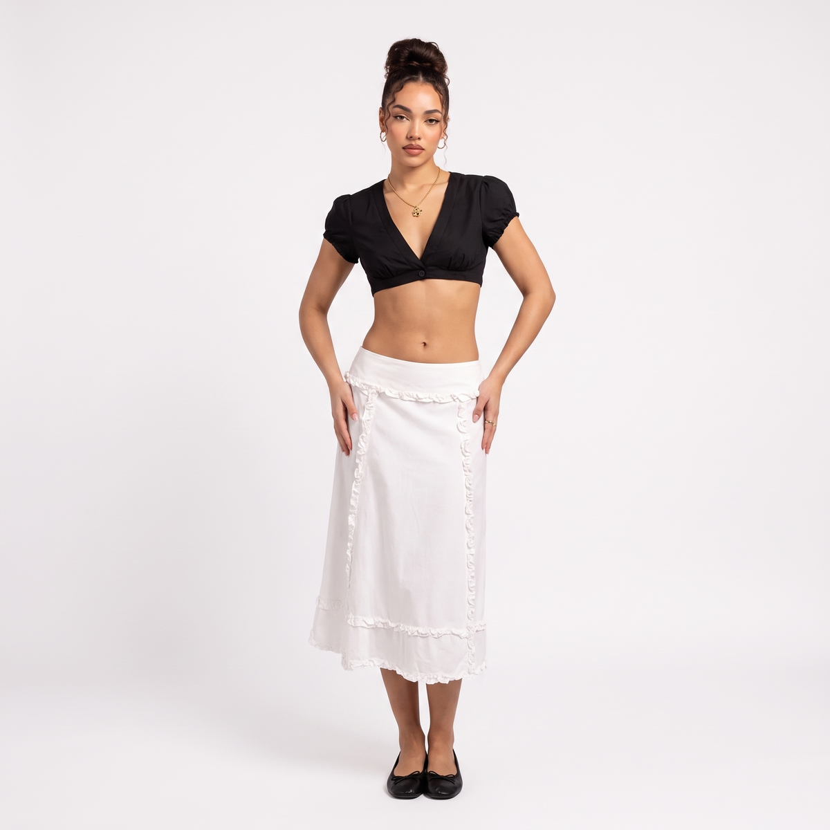 FLORA Women's White Sannah Ruffle Tiered Midi Skirt