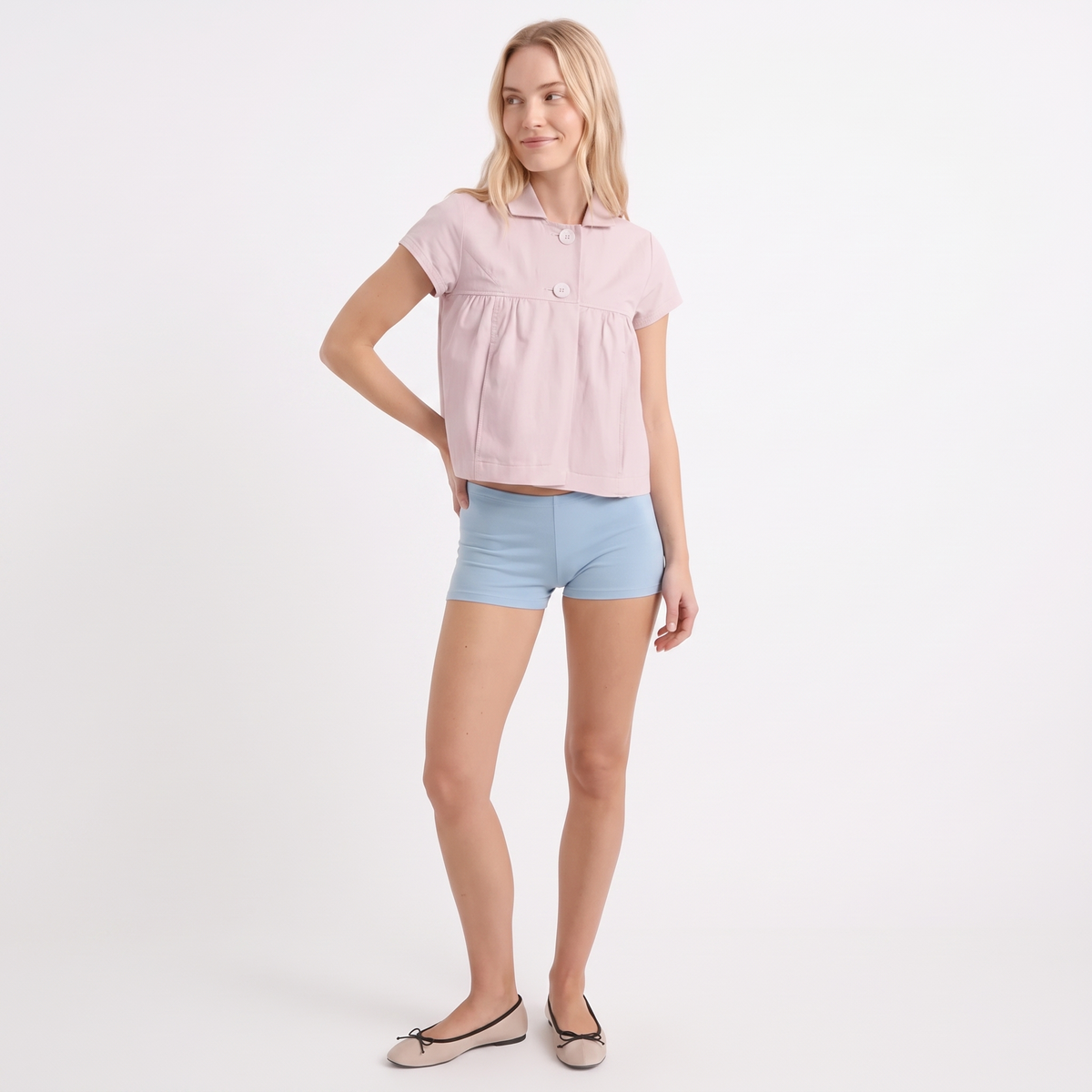 VALENTINA Women's Soft Pink Kaelus Cotton Button Up Shirt