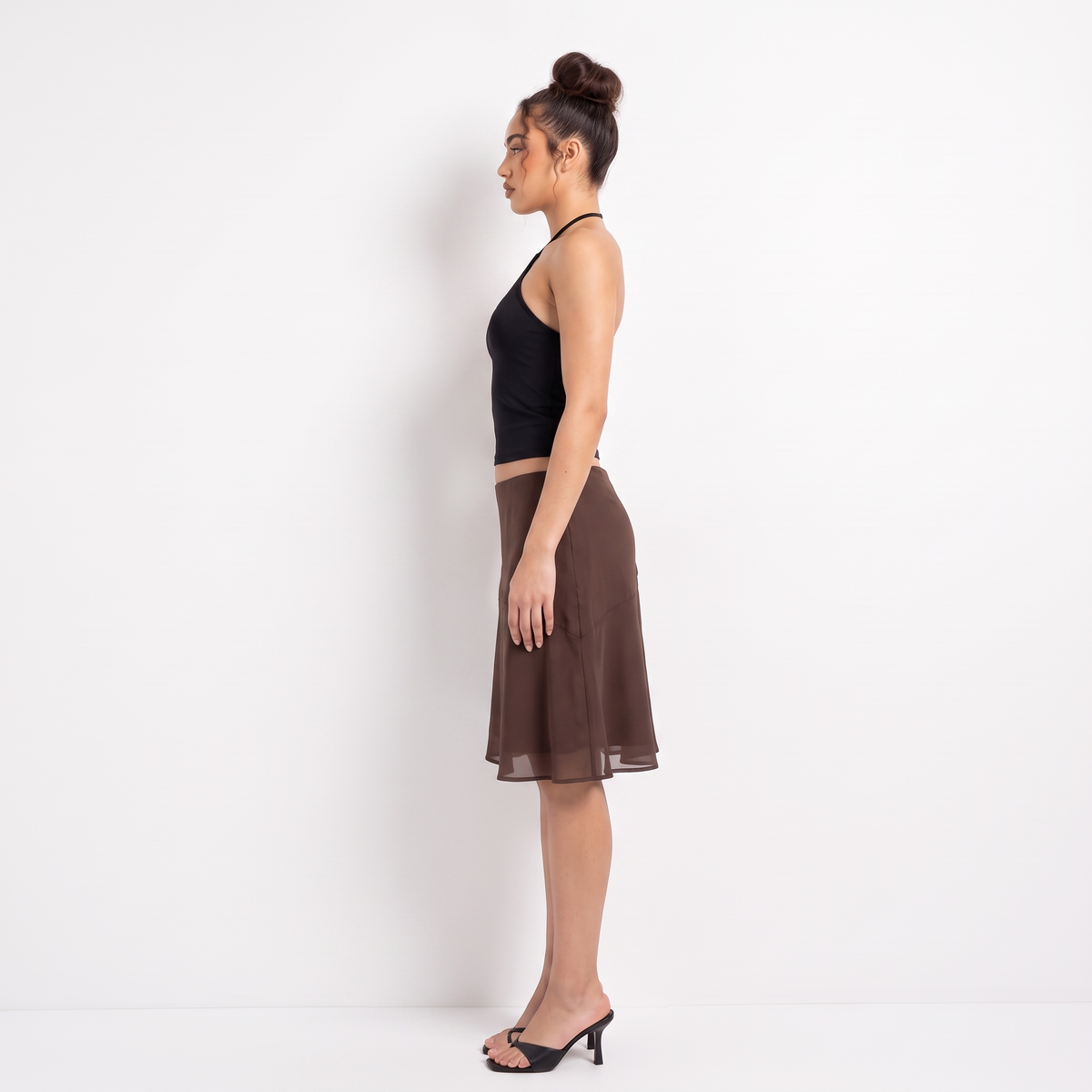 CELESTE Women's Chocolate Brown Namora Chiffon Midi Skirt