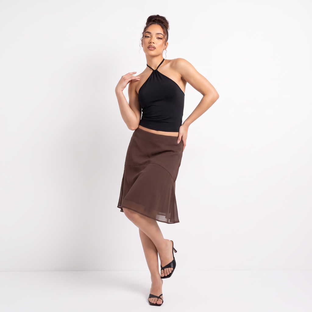 CELESTE Women's Chocolate Brown Namora Chiffon Midi Skirt