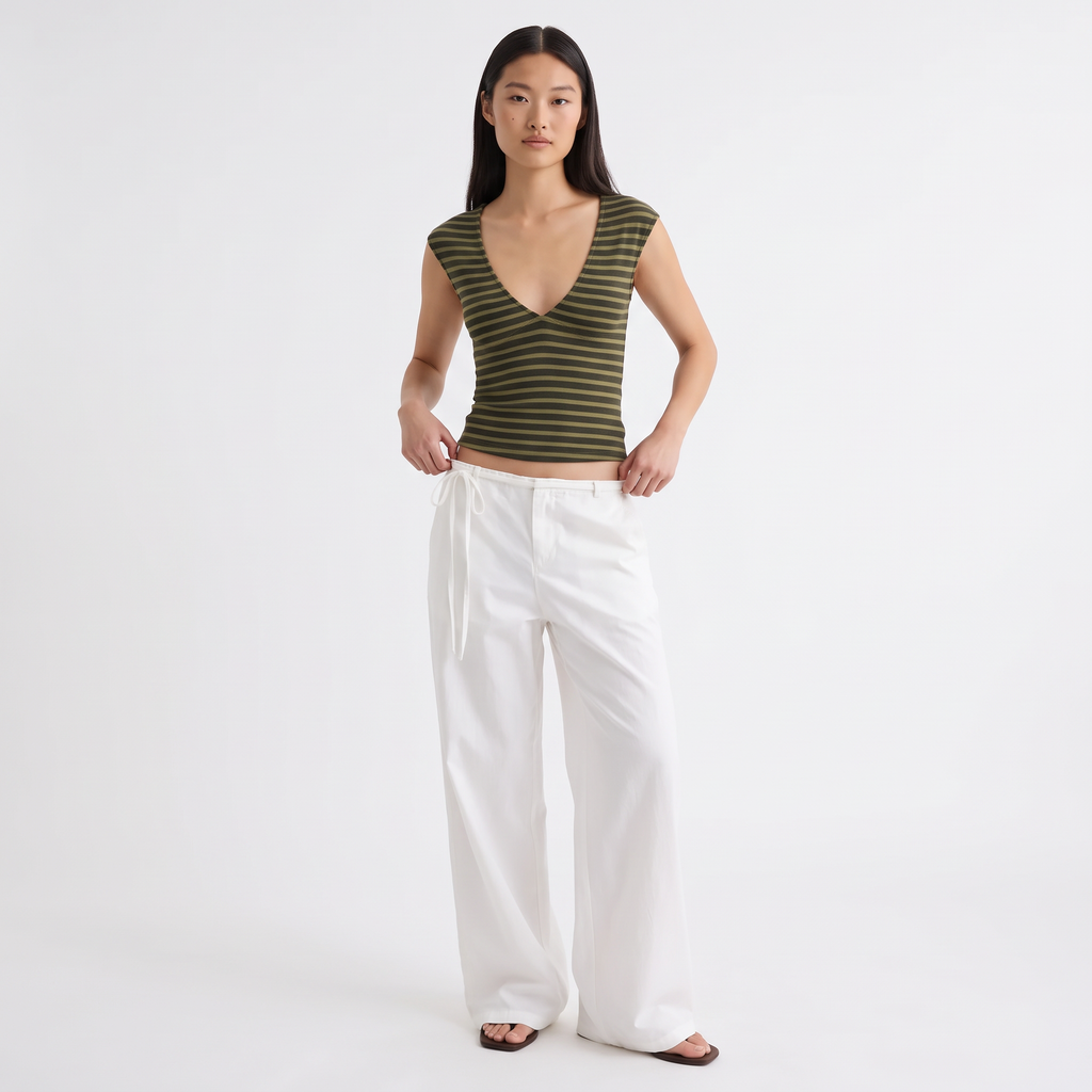 FLORA Women's Retro Blue Stripe Emberlo Tie Front Crop Top