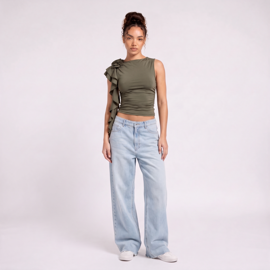 FLORA Women's Khaki Green Carrie Ruched Off Shoulder Crop Top