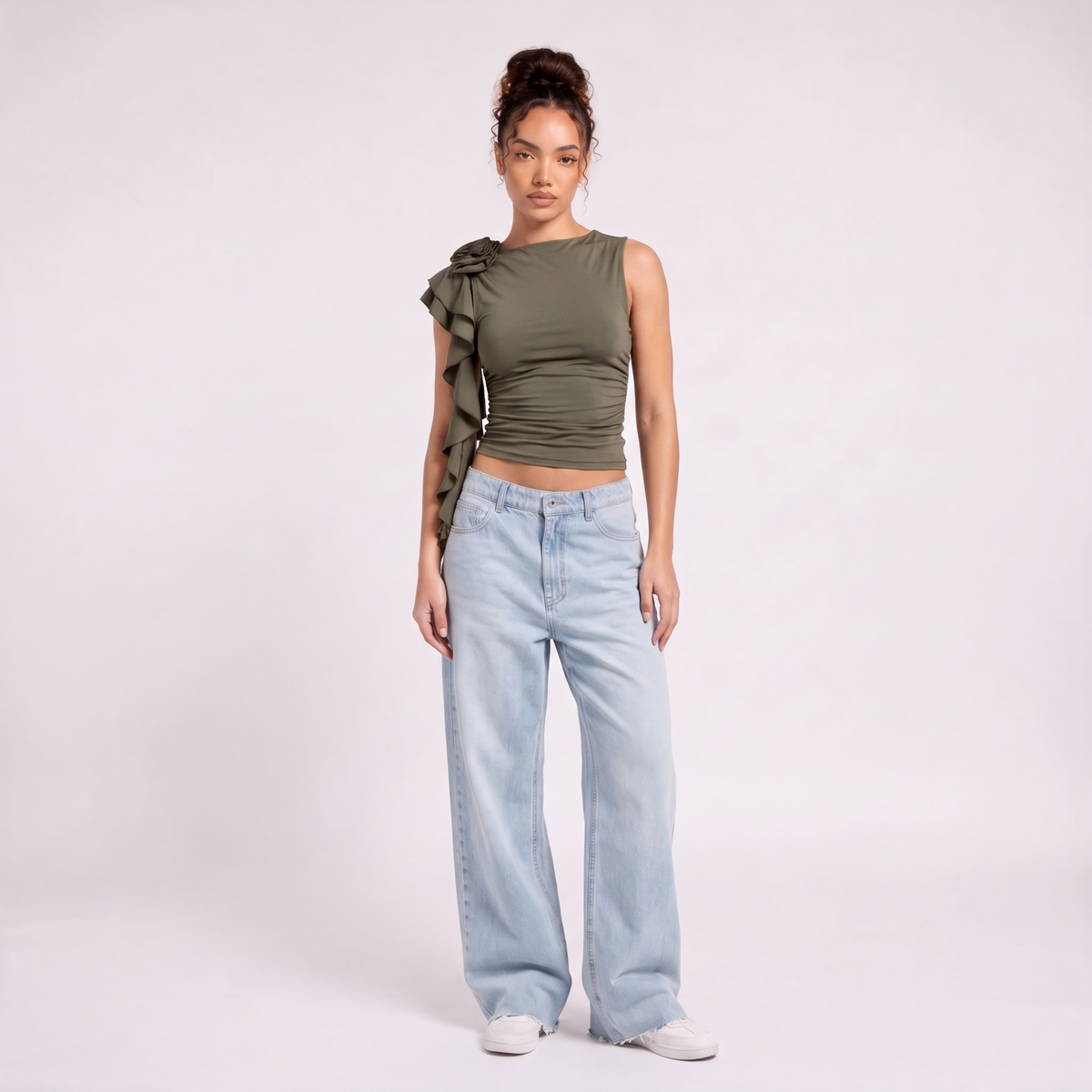 FLORA Women's Khaki Green Carrie Ruched Off Shoulder Crop Top