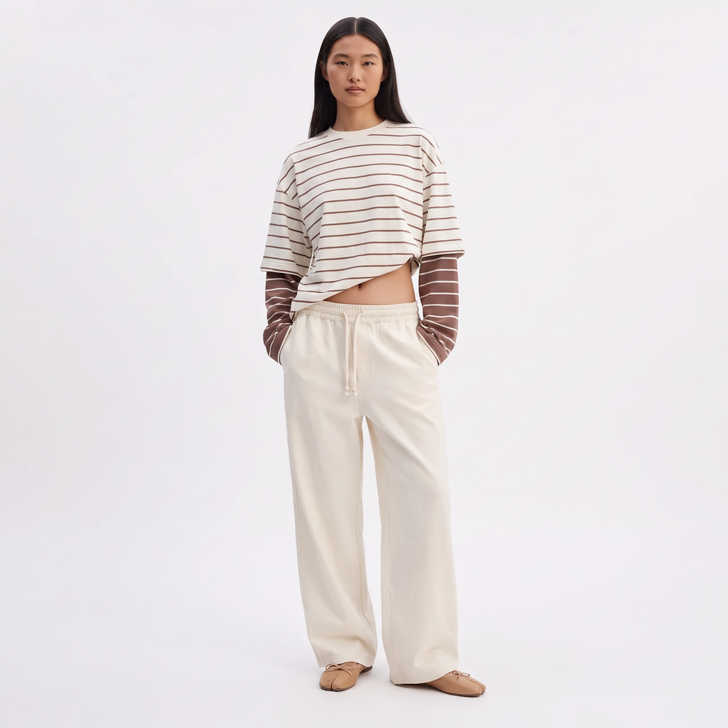 SANTIAGO Women's Vanilla Cocoa Bottega Striped Button Up Shirt