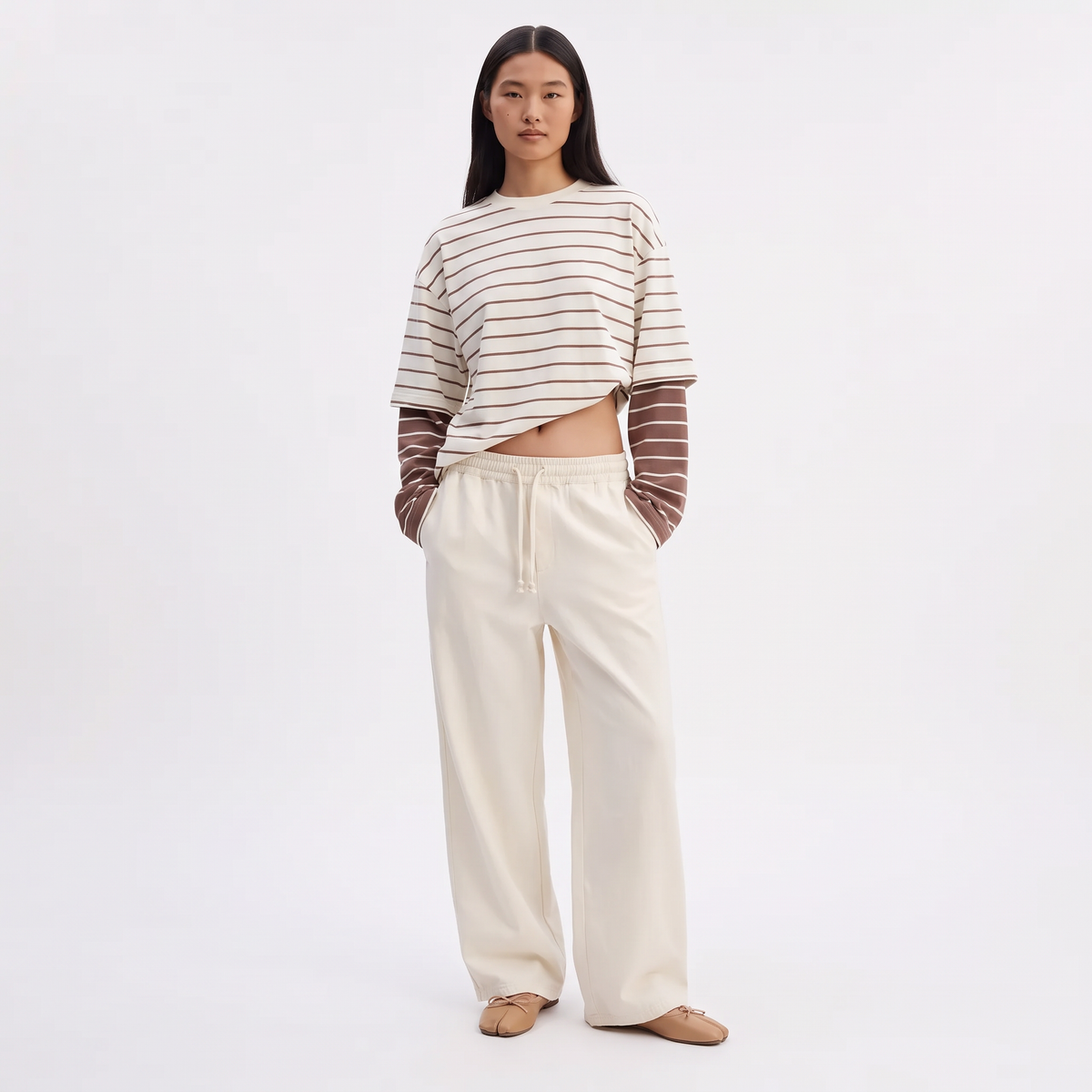 SANTIAGO Women's Vanilla Cocoa Bottega Striped Button Up Shirt