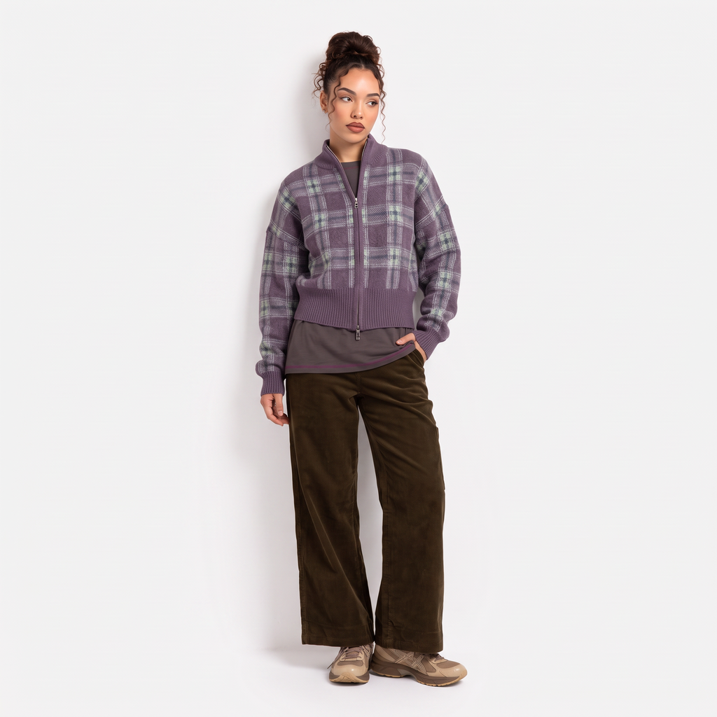 CELESTE Women's Brushed Lilac Check Saffy Merino Wool Cardigan
