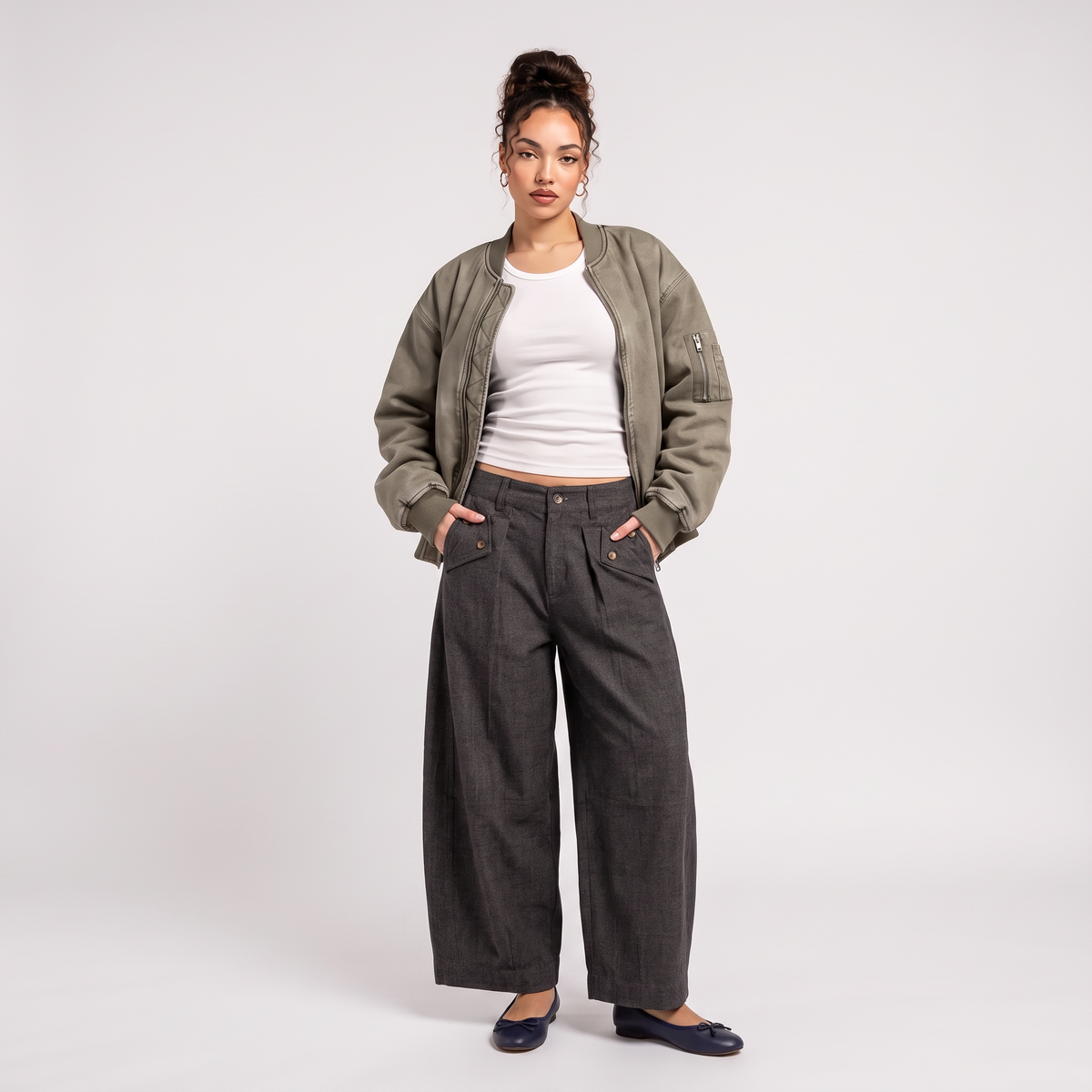 VALENTINA Women's Grey Herringbone Mara Tailored Wide Leg Trousers