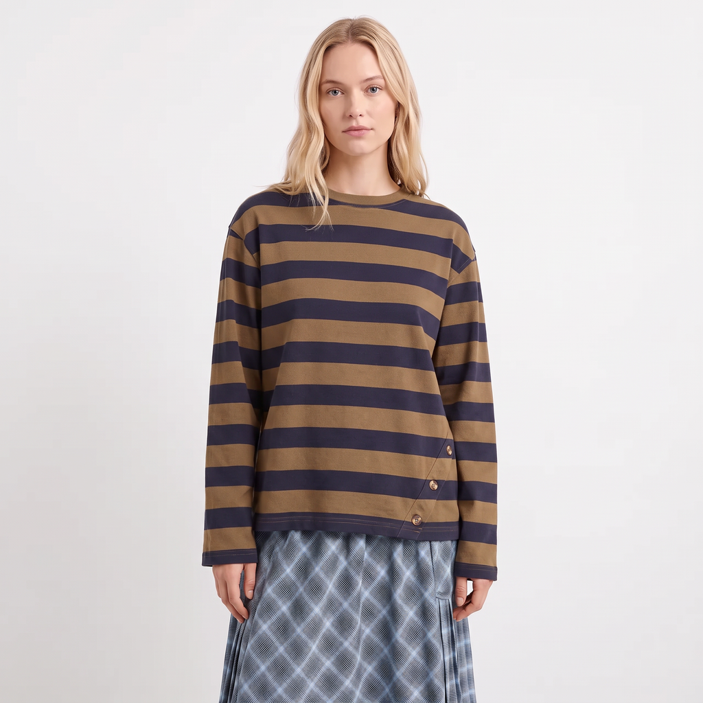 VALENTIN Women's Olive Stripe Scottie Long Sleeve Cotton Tee