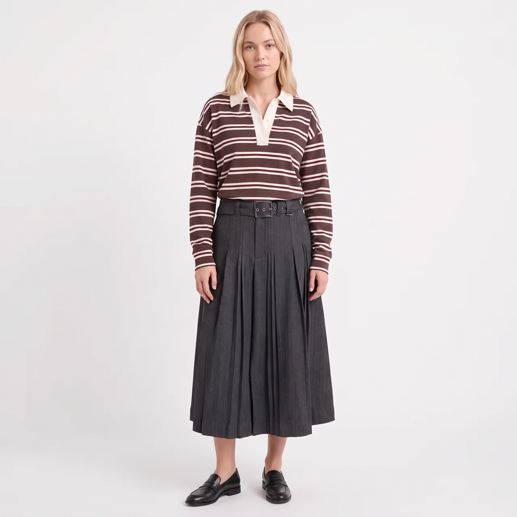 CELESTE Women's Grey Herringbone Leisl Pleated Midi Skirt