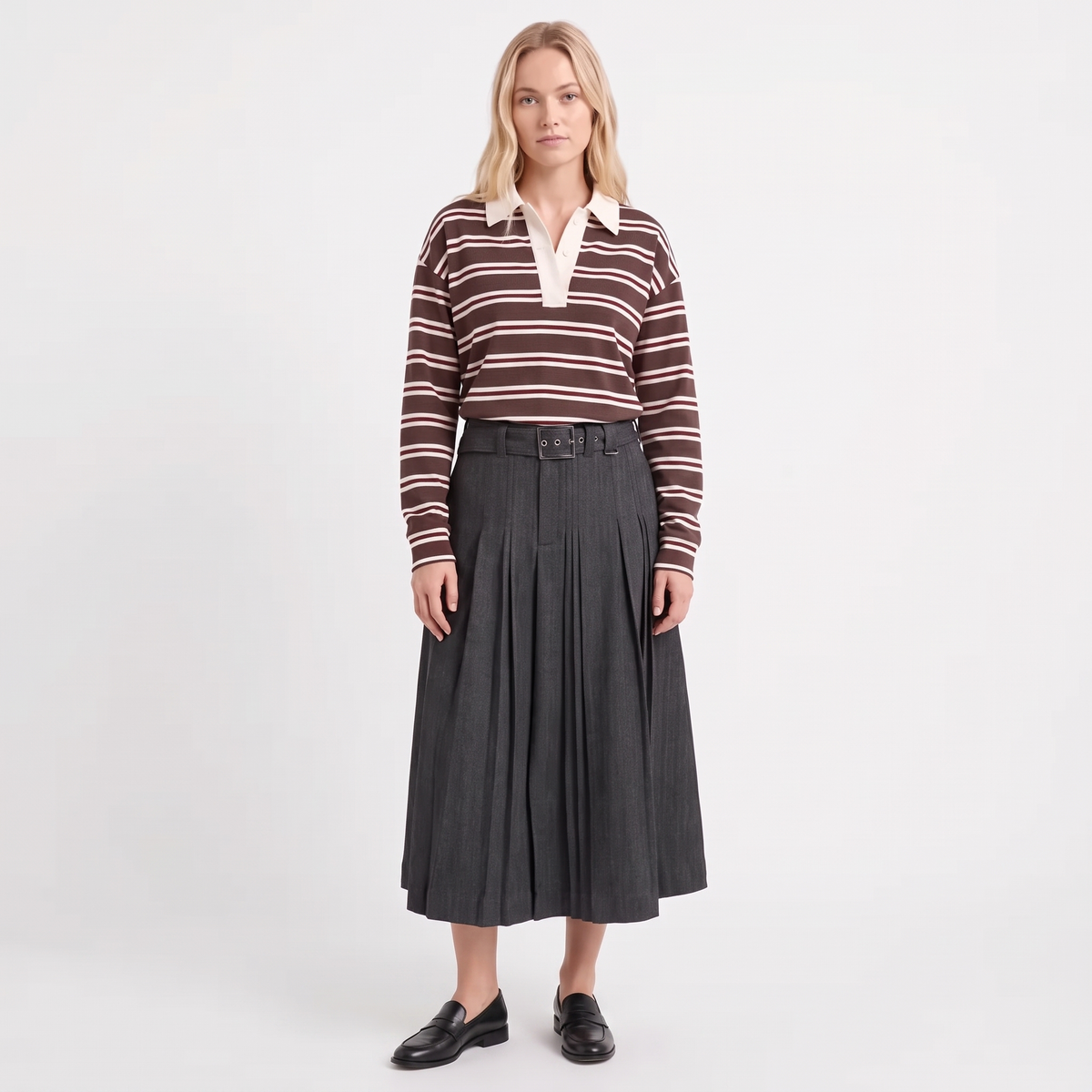 CELESTE Women's Grey Herringbone Leisl Pleated Midi Skirt