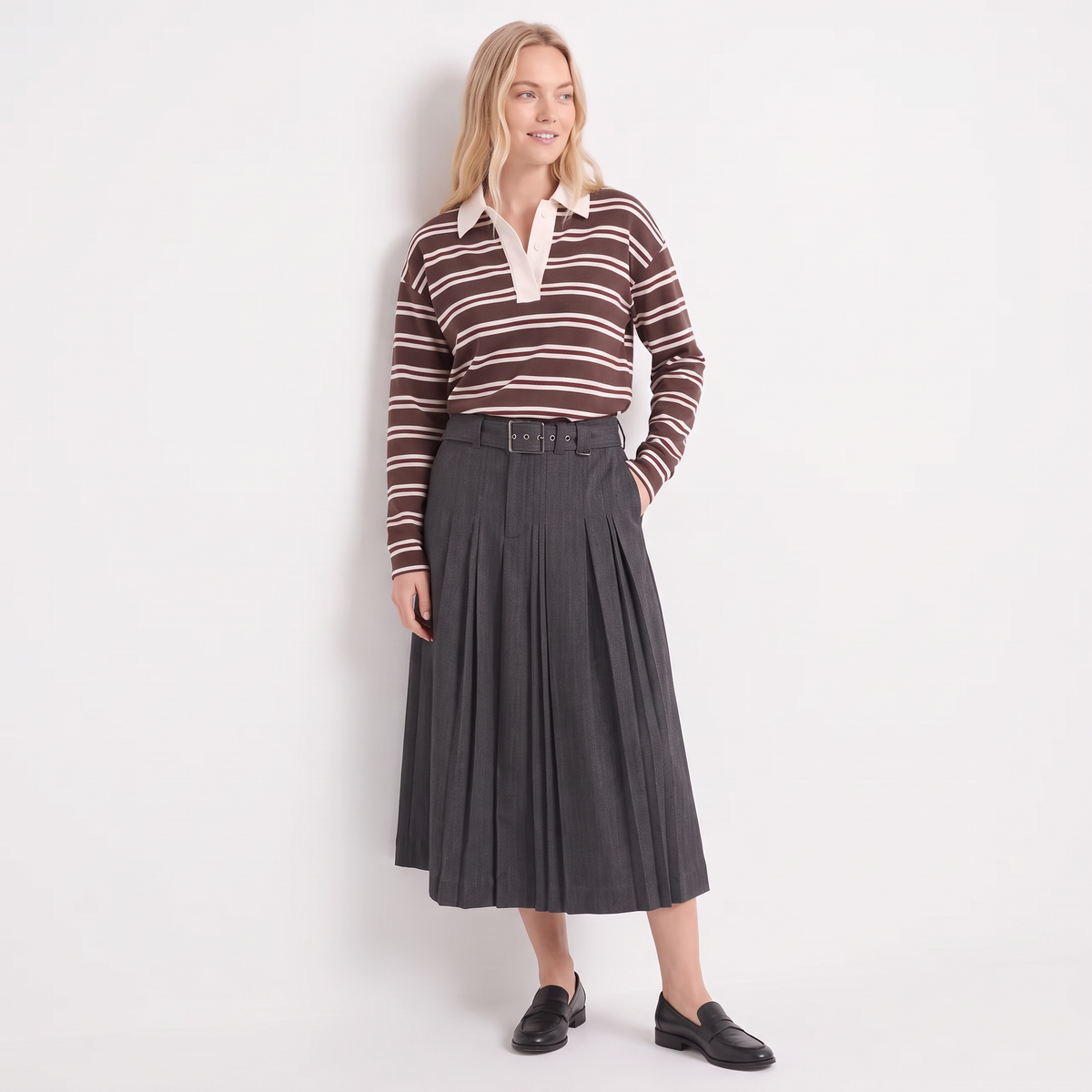 CELESTE Women's Grey Herringbone Leisl Pleated Midi Skirt