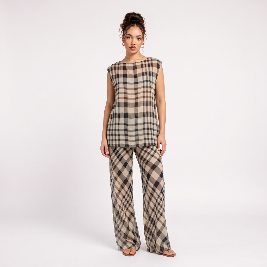 CELESTE Women's Claudie Print Remi Sheer Wide Leg Pants