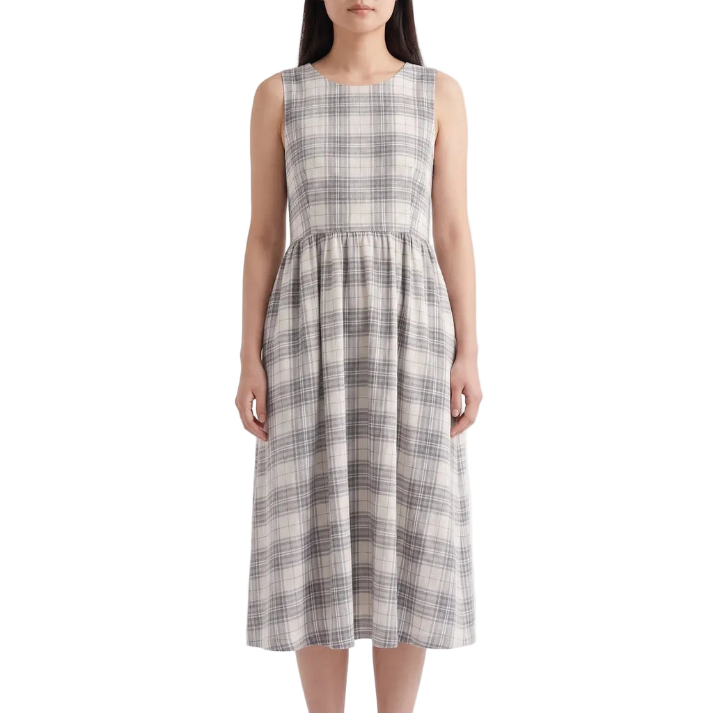 CELESTE Women's Black White Check Organic Seersucker Midi Dress