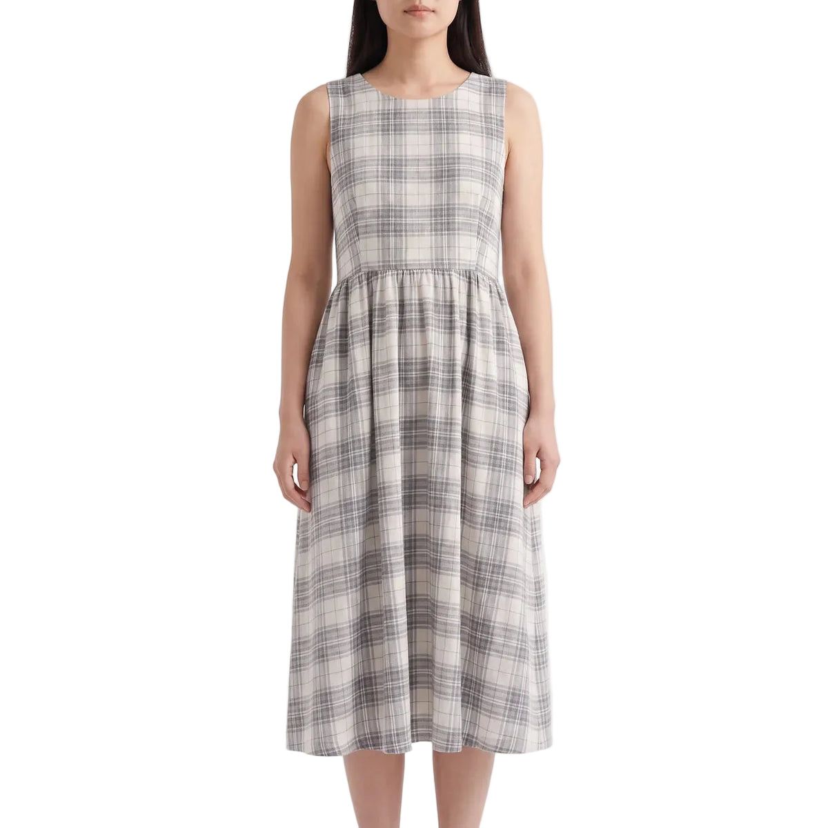 CELESTE Women's Black White Check Organic Seersucker Midi Dress