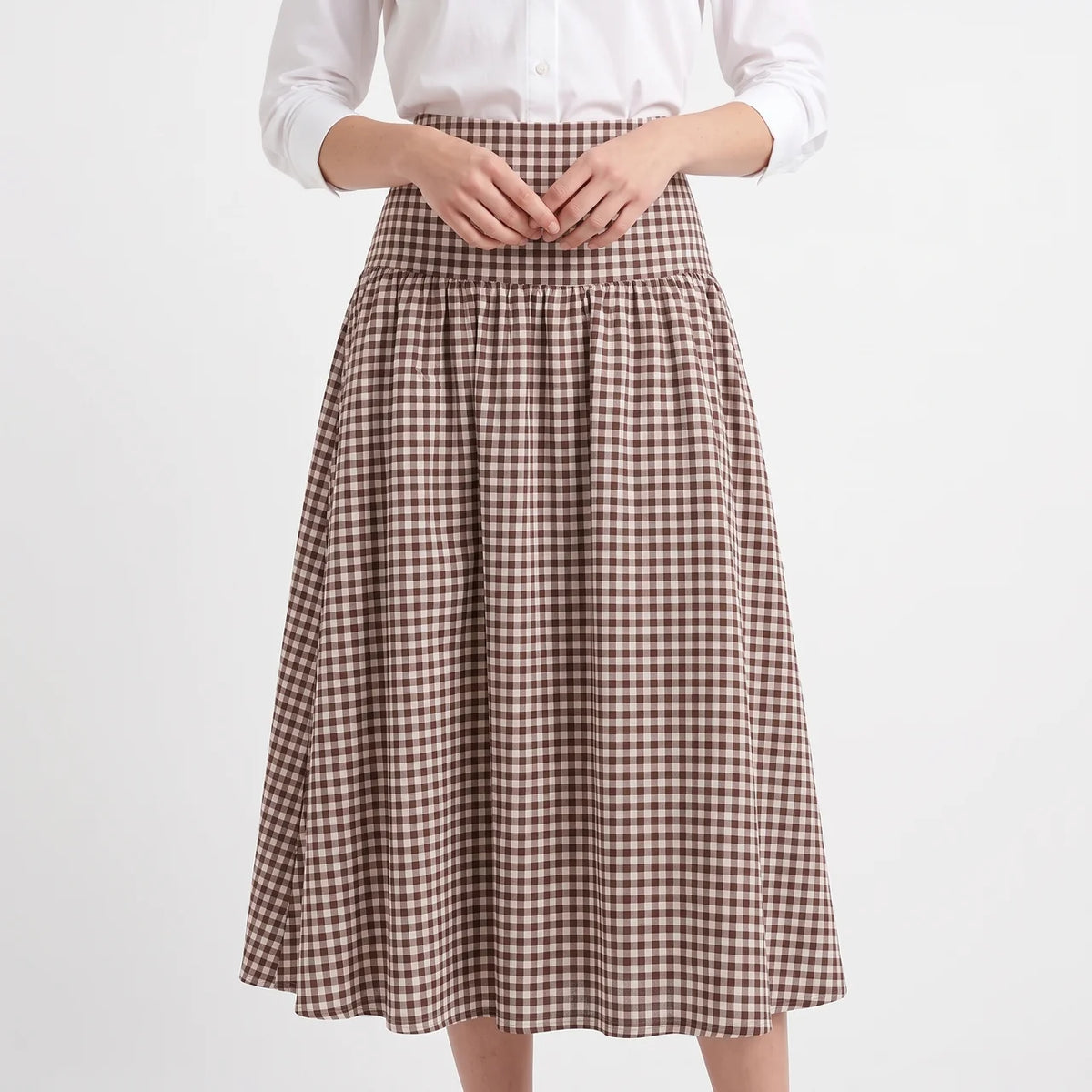 CAMILLE Women's Brown Check Seersucker High Waist Midi Skirt