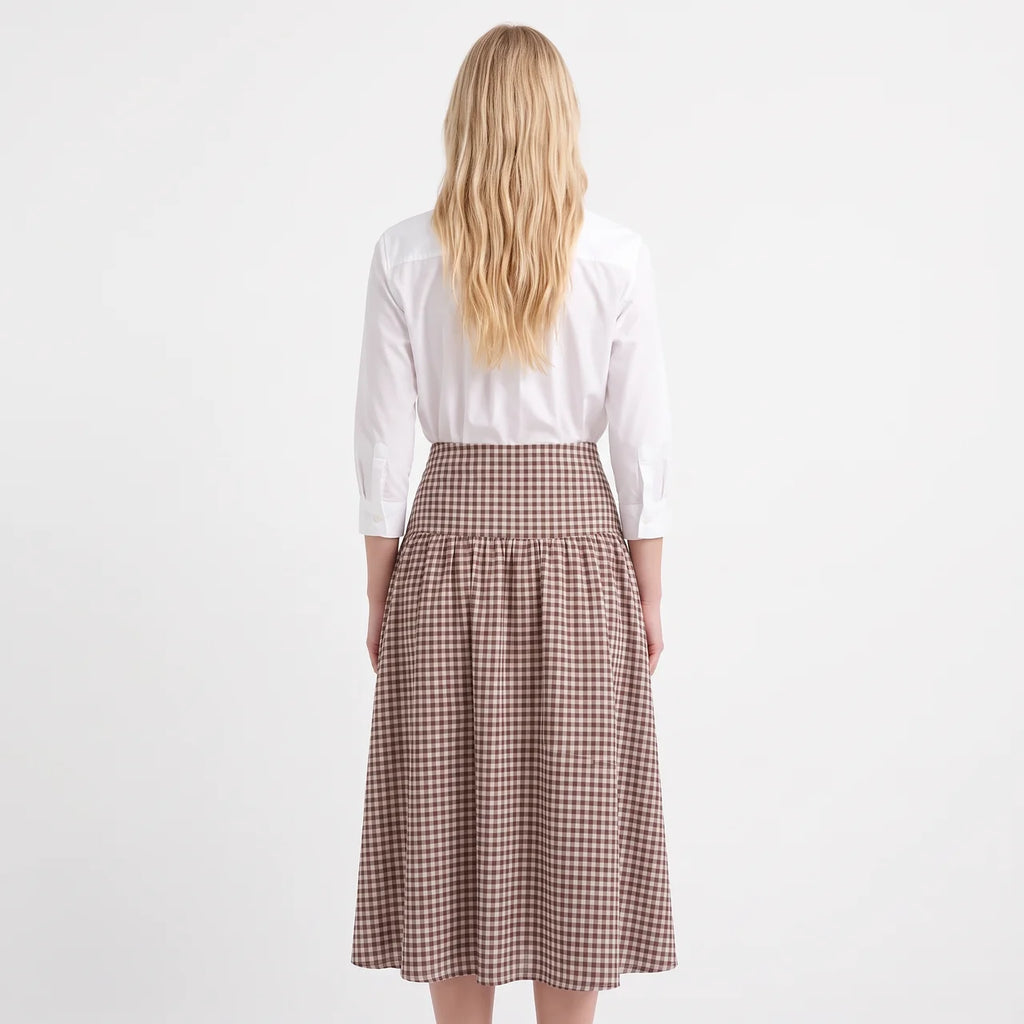 CAMILLE Women's Brown Check Seersucker High Waist Midi Skirt