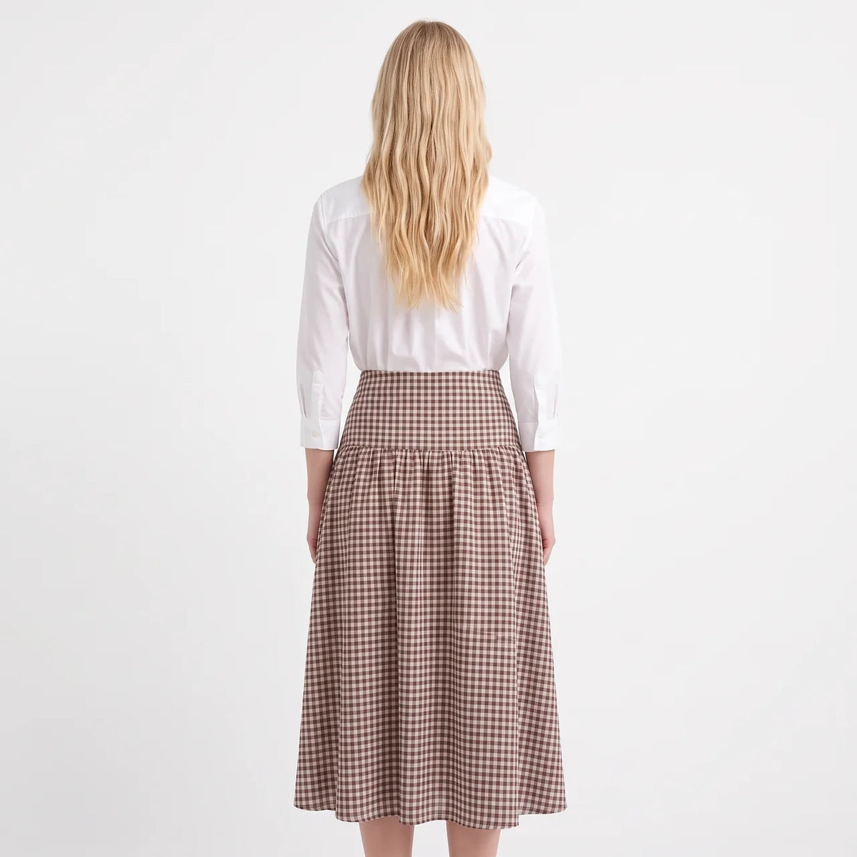 CAMILLE Women's Brown Check Seersucker High Waist Midi Skirt