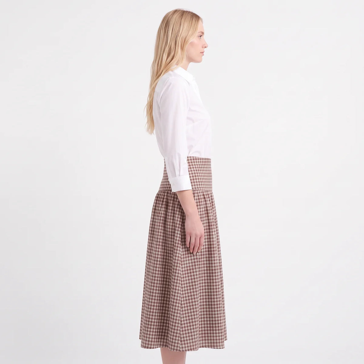 CAMILLE Women's Brown Check Seersucker High Waist Midi Skirt