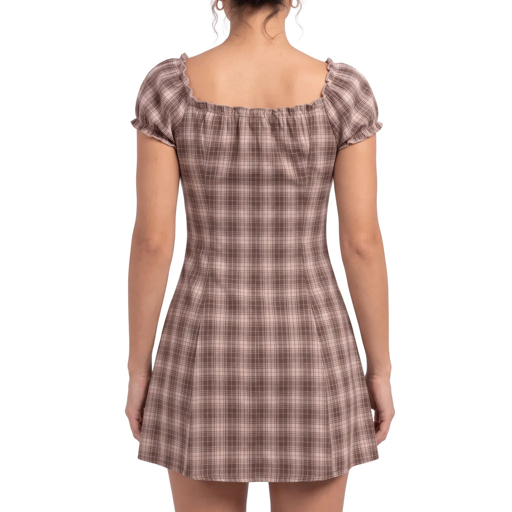 ADELINE Women's Coffee Brown Plaid Off Shoulder Mini Dress