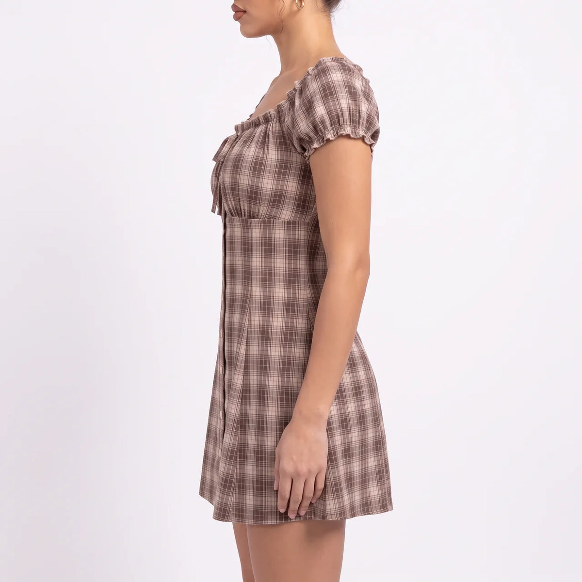 ADELINE Women's Coffee Brown Plaid Off Shoulder Mini Dress