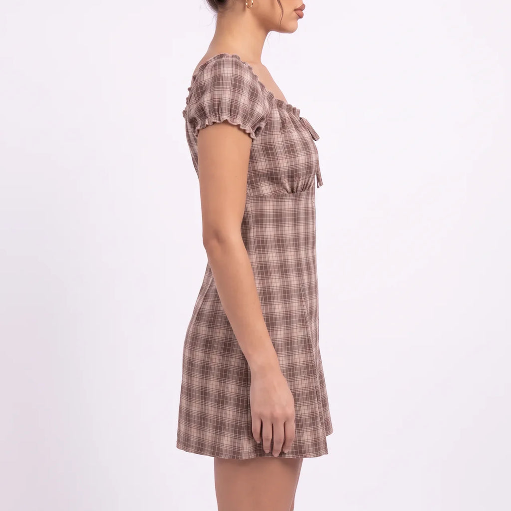 ADELINE Women's Coffee Brown Plaid Off Shoulder Mini Dress