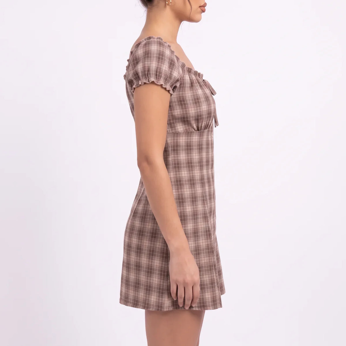 ADELINE Women's Coffee Brown Plaid Off Shoulder Mini Dress