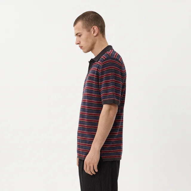 SANTIAGO Men's Multi Striped Club Crochet Knit Short Sleeve Polo
