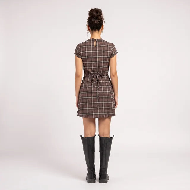 AMÉLIE Women's Coffee Check Reverie Off Shoulder Plaid Mini Dress