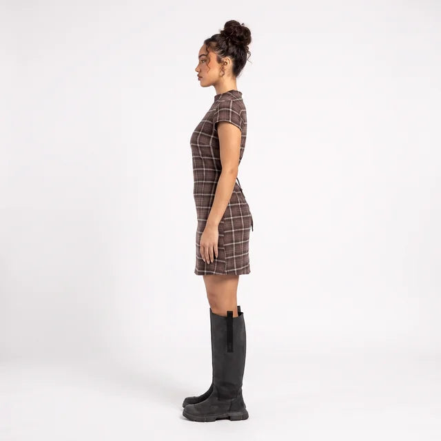 AMÉLIE Women's Coffee Check Reverie Off Shoulder Plaid Mini Dress
