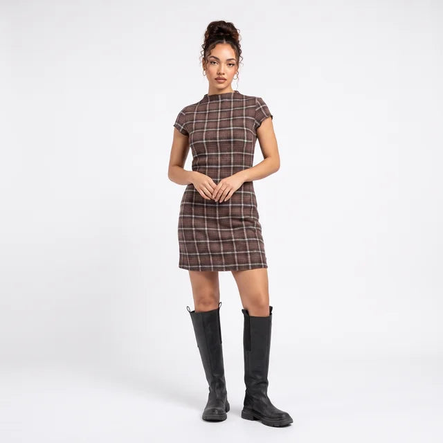 AMÉLIE Women's Coffee Check Reverie Off Shoulder Plaid Mini Dress