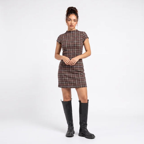 AMÉLIE Women's Coffee Check Reverie Off Shoulder Plaid Mini Dress