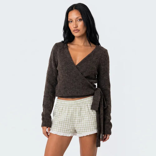 AMÉLIE Women's Chocolate Brown Tonee Wrap Knit Cardigan