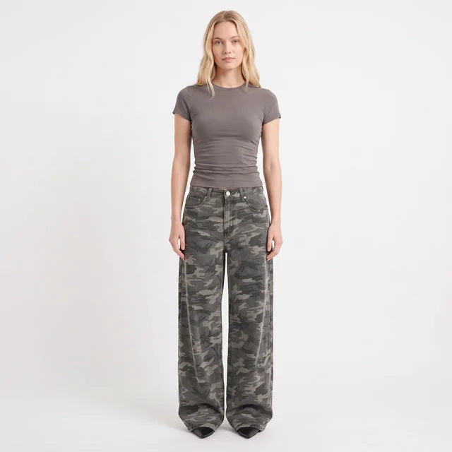 ISADORA Women's Camo Print Naylor Mid Rise Baggy Jeans