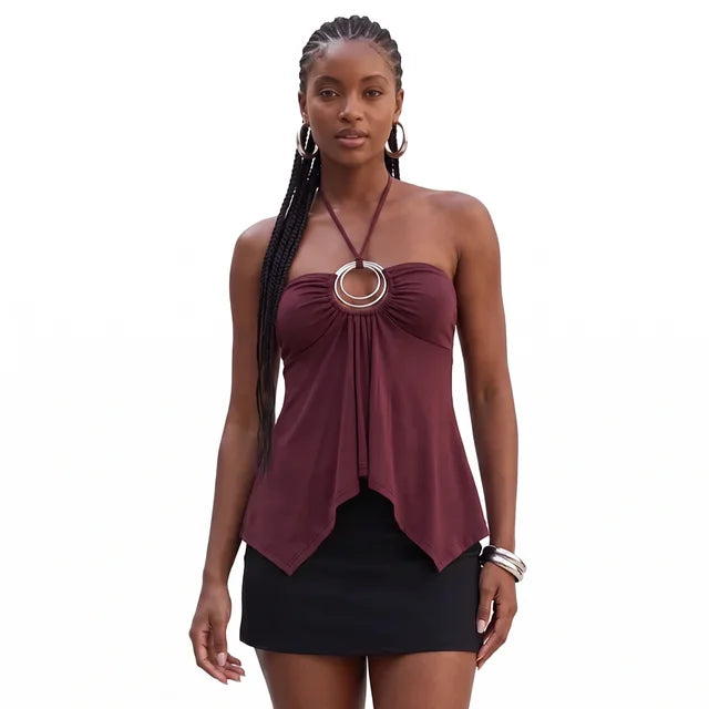 CELESTE Women's Burgundy Betsey Ring Detail Tie Neck Top