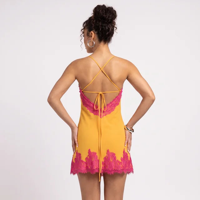 AMÉLIE Women's Gold Fuchsia Call My Lover Lace Slip Mini Dress