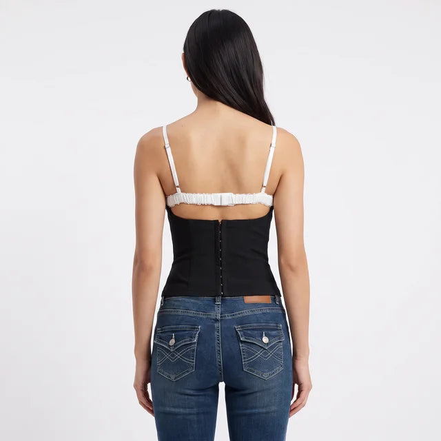 CELESTE Women's Black Renaissance Corset Lace Trim Top
