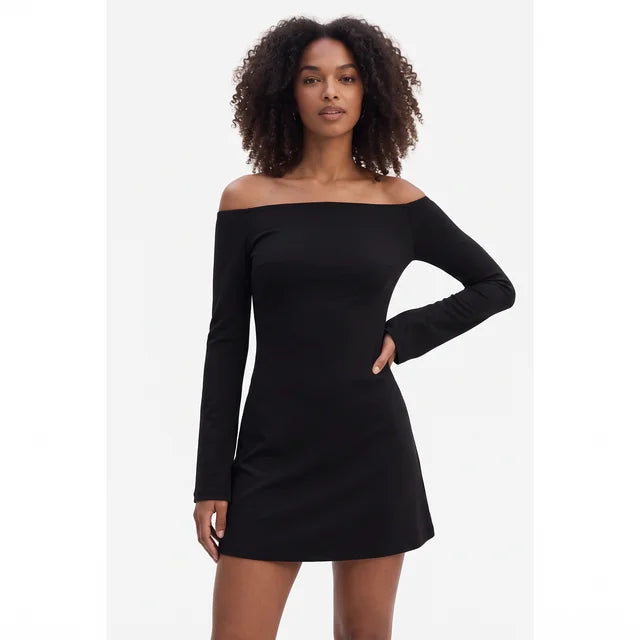 VALENTINA Women's Black Adrietta Off Shoulder Long Sleeve Mini Dress
