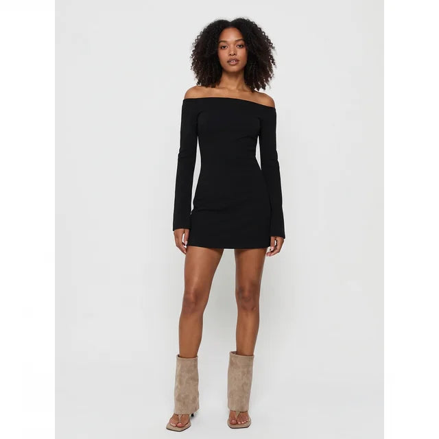 VALENTINA Women's Black Adrietta Off Shoulder Long Sleeve Mini Dress