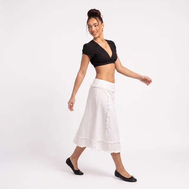 FLORA Women's White Sannah Ruffle Tiered Midi Skirt