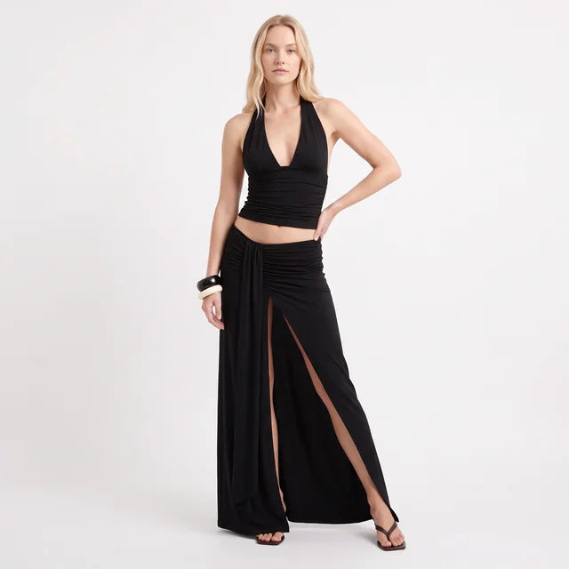 AMÉLIE Women's Black Keerah Ruched High Waist Maxi Skirt