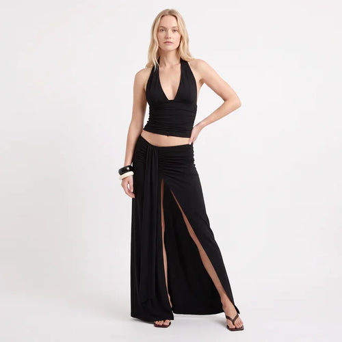 AMÉLIE Women's Black Keerah Ruched High Waist Maxi Skirt