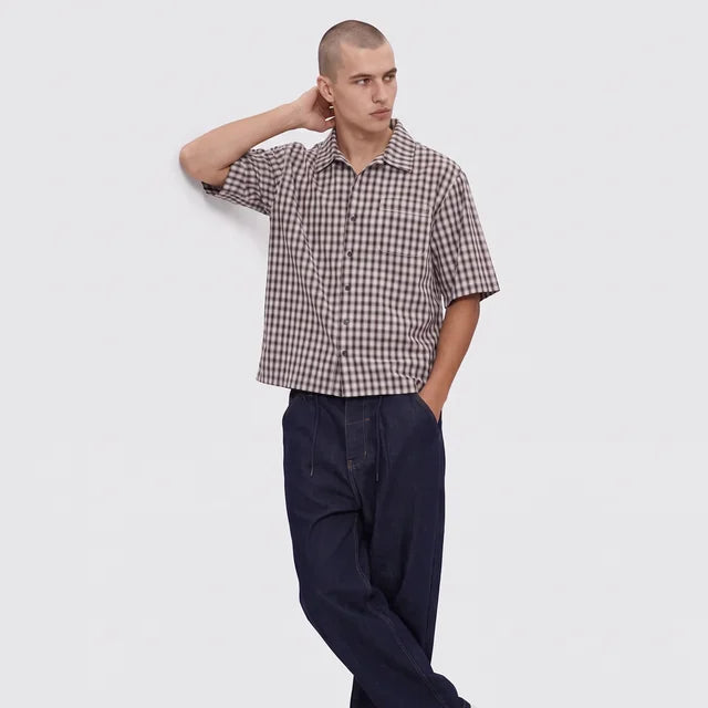 SANTIAGO Men's Black Stagger Cropped Short Sleeve Shirt
