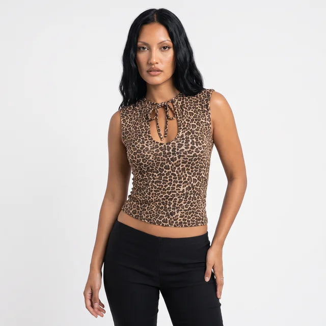 FLORA Women's Leopard Brown Ernesta Keyhole Tie Top