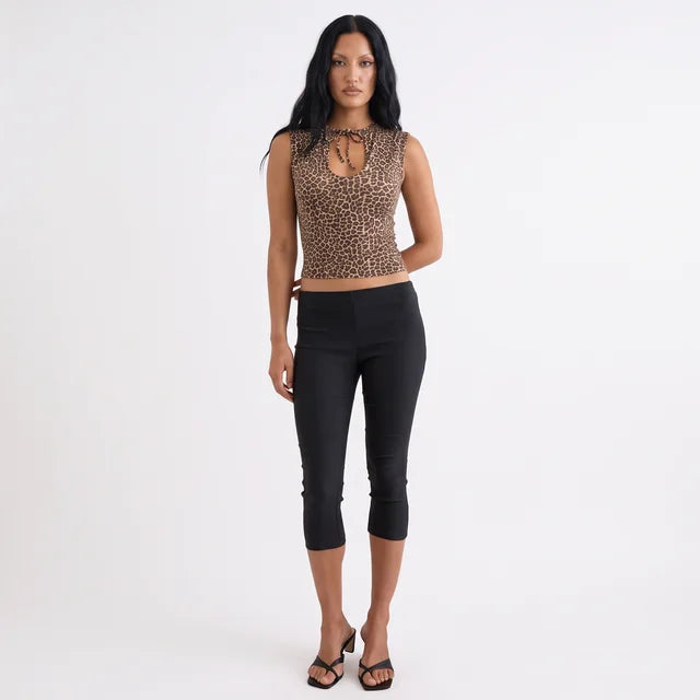 FLORA Women's Leopard Brown Ernesta Keyhole Tie Top